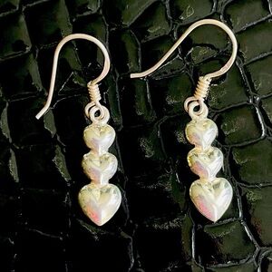 Triple Heart 3D Dangle Hook Sterling Silver Vintage Earrings